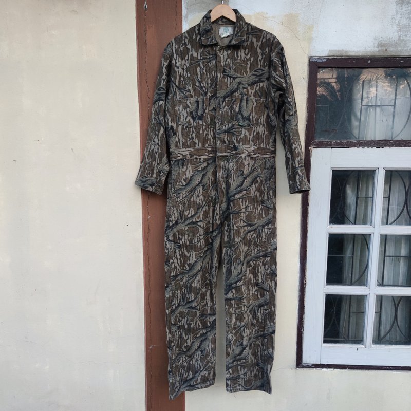Vintage 80s Mossy Oak Full Foliage Zip Camo Hunting Cotton Coveralls XLG - 其他 - 棉．麻 綠色