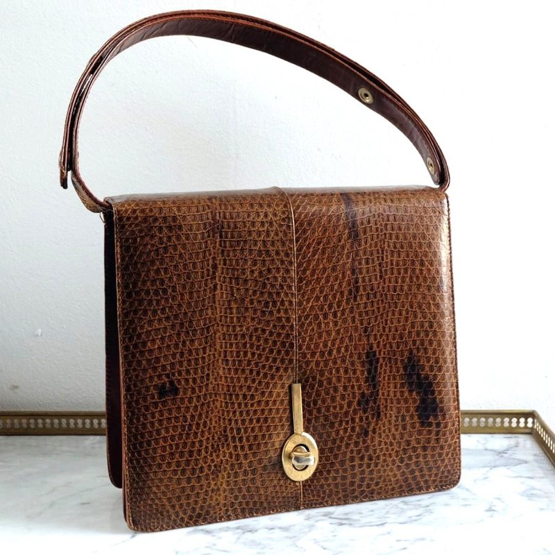 French Vintage Crocodile Leather Handbag - Handbags & Totes - Genuine Leather Brown