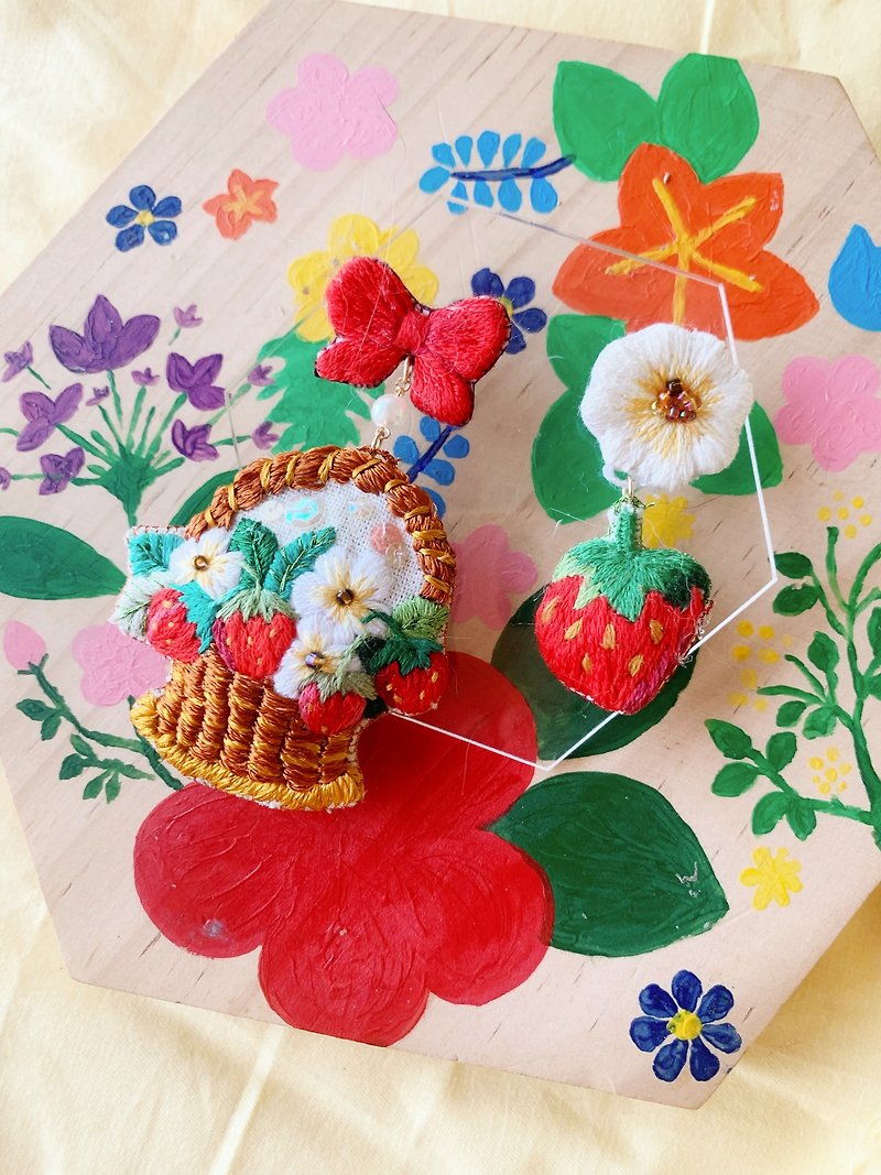 Strawberry fruit basket embroidery earrings - Earrings & Clip-ons - Thread Red