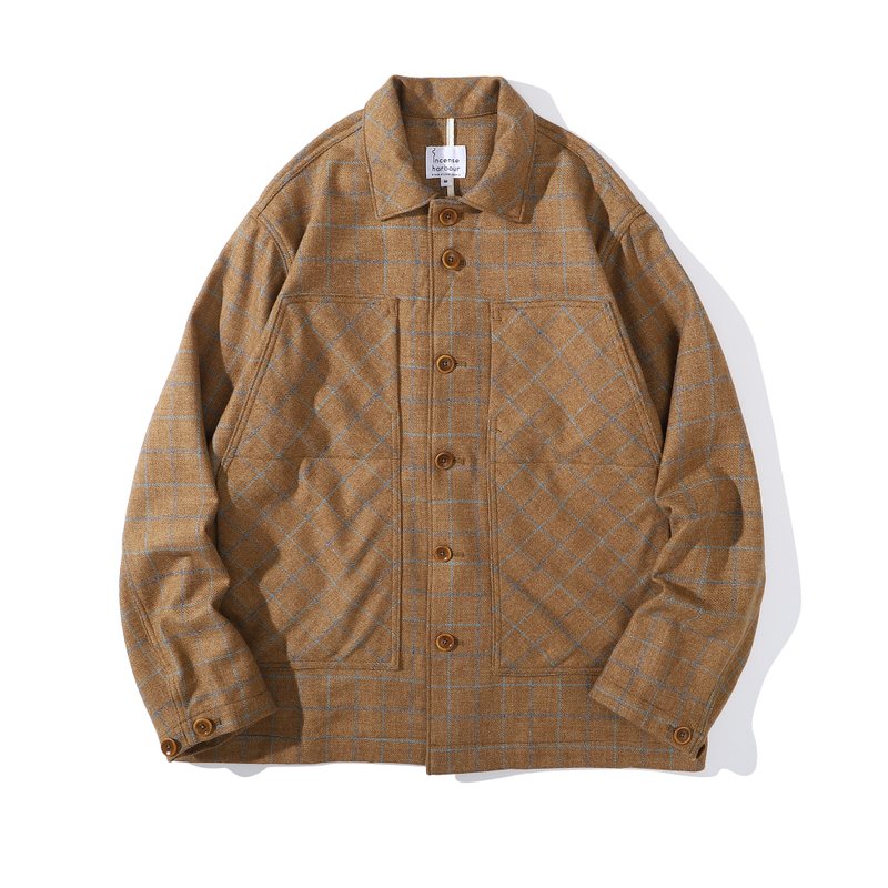 Incense Harbour Cotton Wool Checked Jacket - Camel - เสื้อโค้ทผู้ชาย - ขนแกะ สีนำ้ตาล