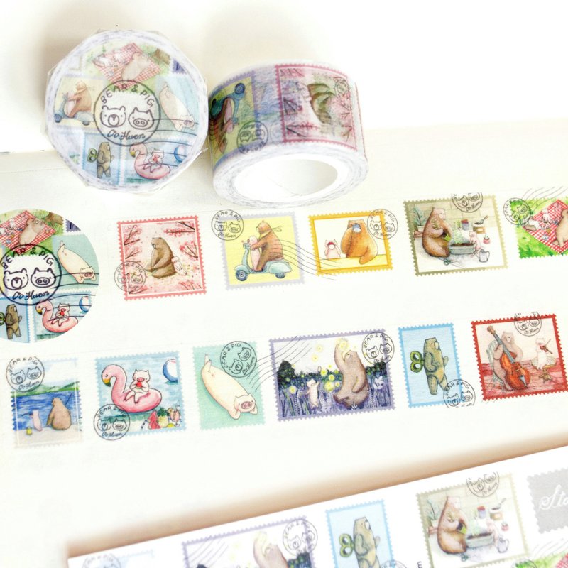 Bear & Pig Stamp-masking tape (2.5cm (w)) - มาสกิ้งเทป - กระดาษ 