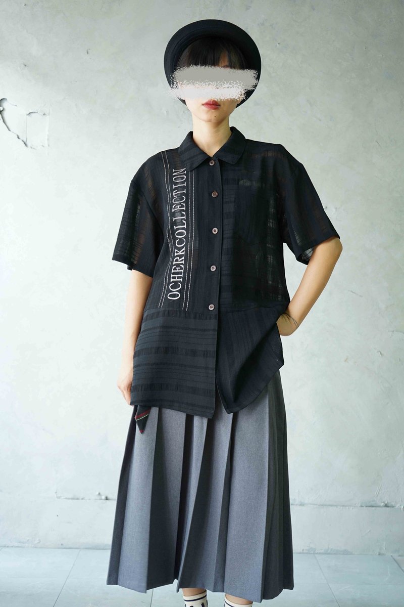 尋寶古著-英文刺繡黑色雪紡個性中性襯衫 - 女襯衫 - 聚酯纖維 黑色