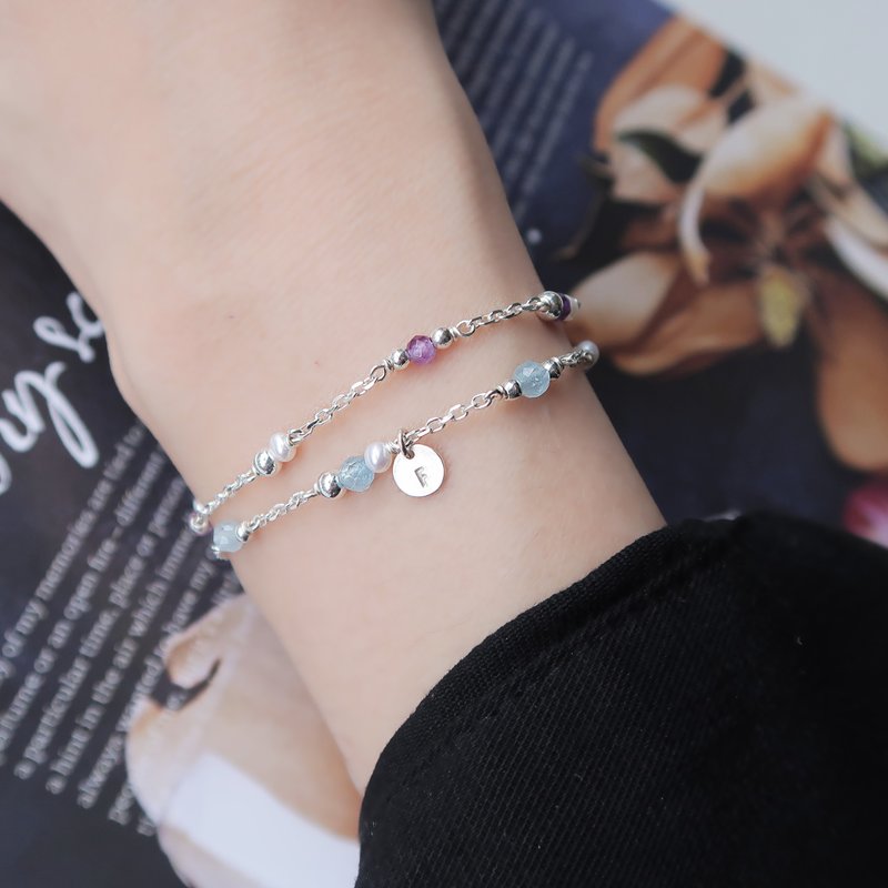 925 Sterling Silver Starlight Aquamarine Pearl Customized Engraving Bracelet Free Gift Packaging - สร้อยข้อมือ - เงินแท้ สีน้ำเงิน