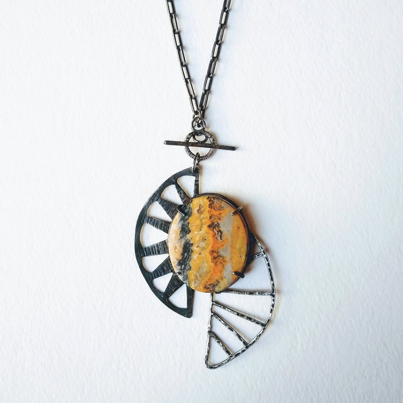 Bumblebee Jasper Geometric Wing Pendant Necklace Oxidized Sterling Silver - สร้อยคอ - เงินแท้ สีเหลือง