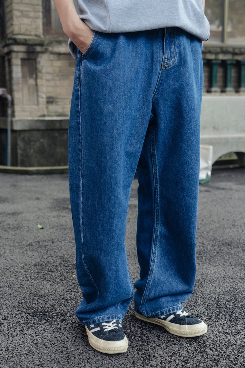 Denim Pants 洗水復古單寧彎刀褲日系美式寬鬆休閒牛仔褲 Cityboy - 男長褲/休閒褲 - 棉．麻 藍色