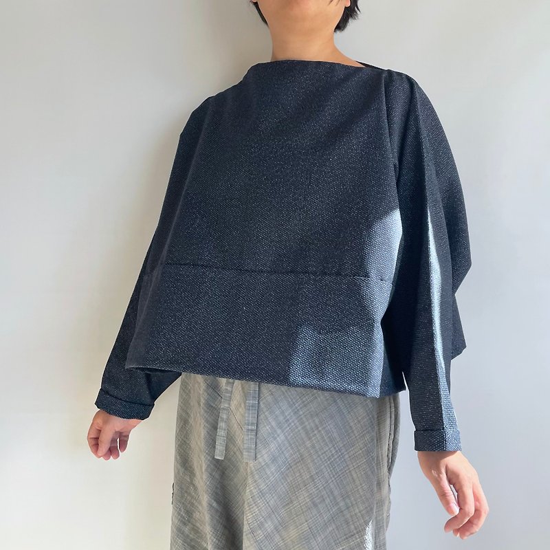 Unique item | T-shaped 2way Bolero-Pullover -Silk-wool KIMONO fabric, Dark blue