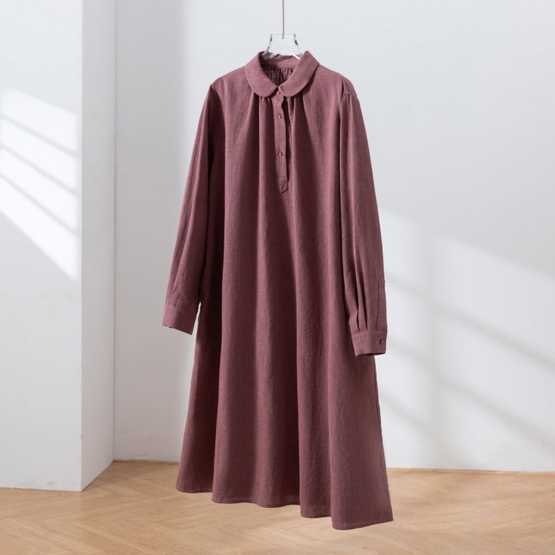 展現成熟優雅可愛 圓領長版亞麻洋裝 灰調酒紅 250918-2 - 洋裝/連身裙 - 棉．麻 紅色