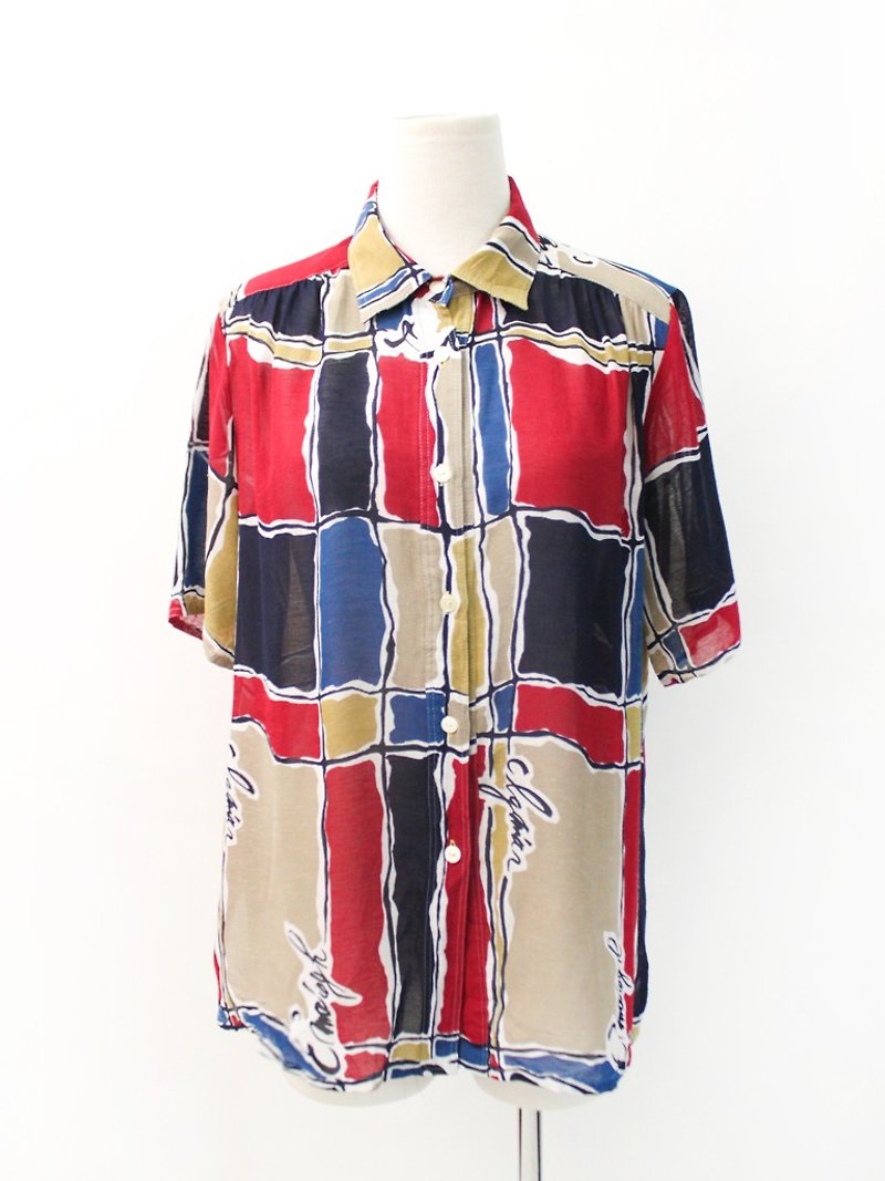 Vintage Geometric Pupu Short Sleeve Vintage Shirt Vintage Blouse-SALE - เสื้อเชิ้ตผู้หญิง - เส้นใยสังเคราะห์ สีแดง
