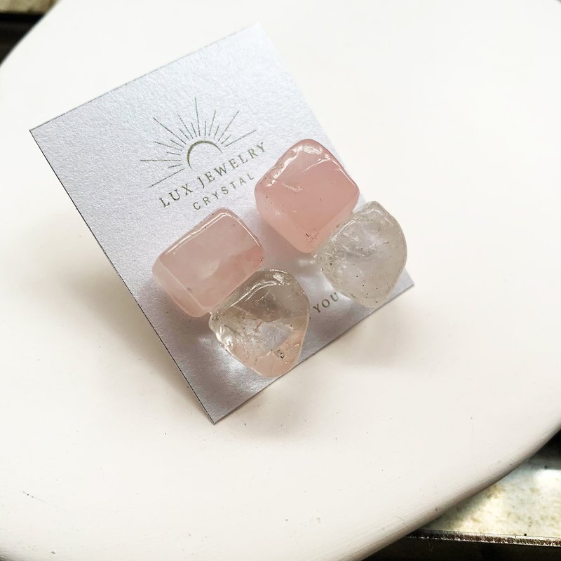 925 Silver raw ore series rose quartz white crystal earrings - ต่างหู - คริสตัล สึชมพู