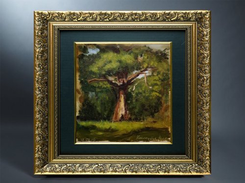 樫の木の絵画風景オリジナルアート森アートワーク油絵7×8 - ショップ