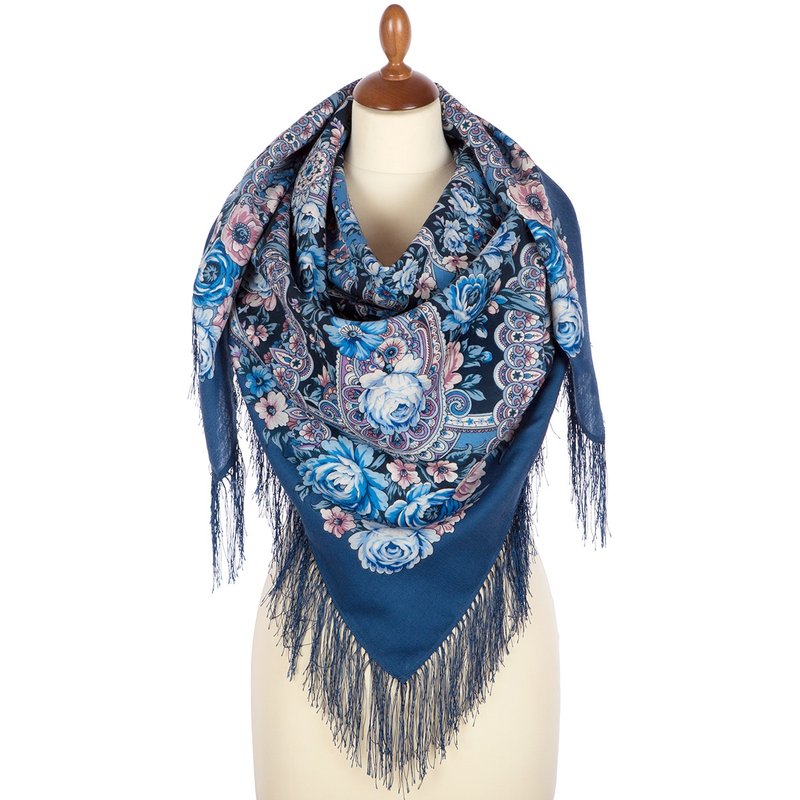 Pavlovo Posad Russian Shawl 100% Wool Scarf 125x125 cm Wrap Silk Fringe 1869-14 - 絲巾 - 羊毛 藍色