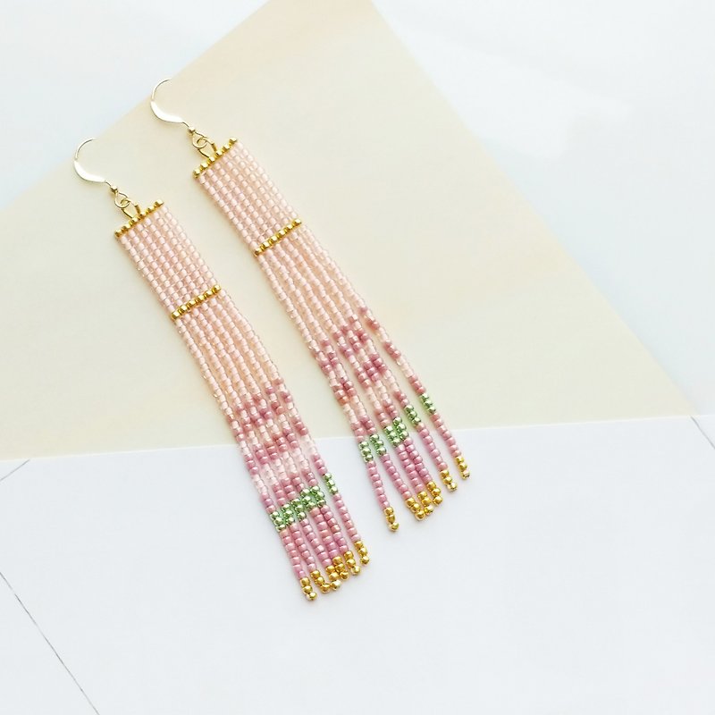 Blush-Pink - Long Beaded Tassel Earrings - Earrings & Clip-ons - Other Materials Pink