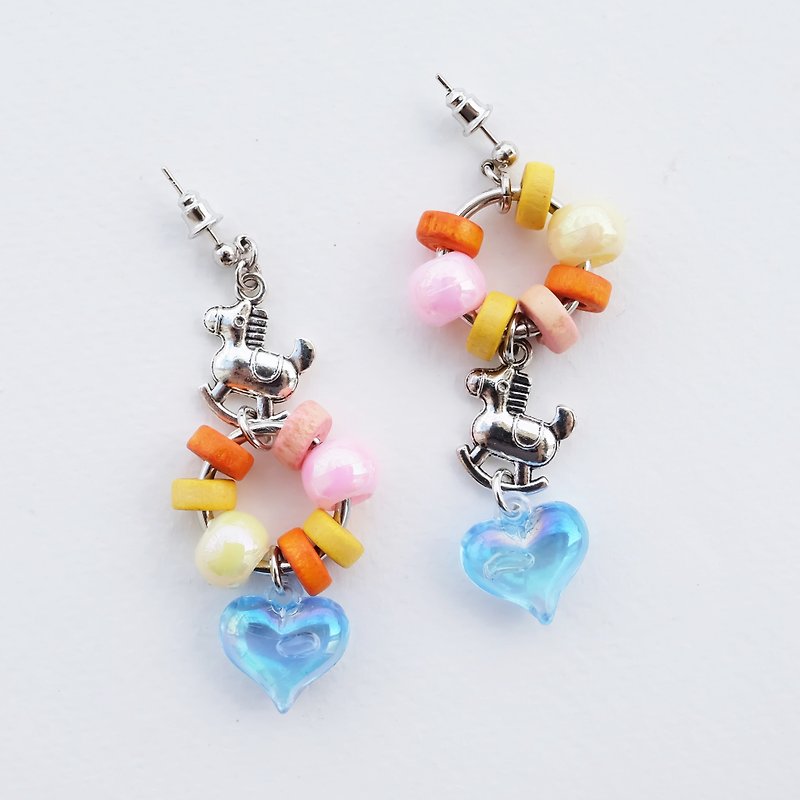 Rocking horse earrings with wooden beads and heart charm - 耳環/耳夾 - 其他材質 多色