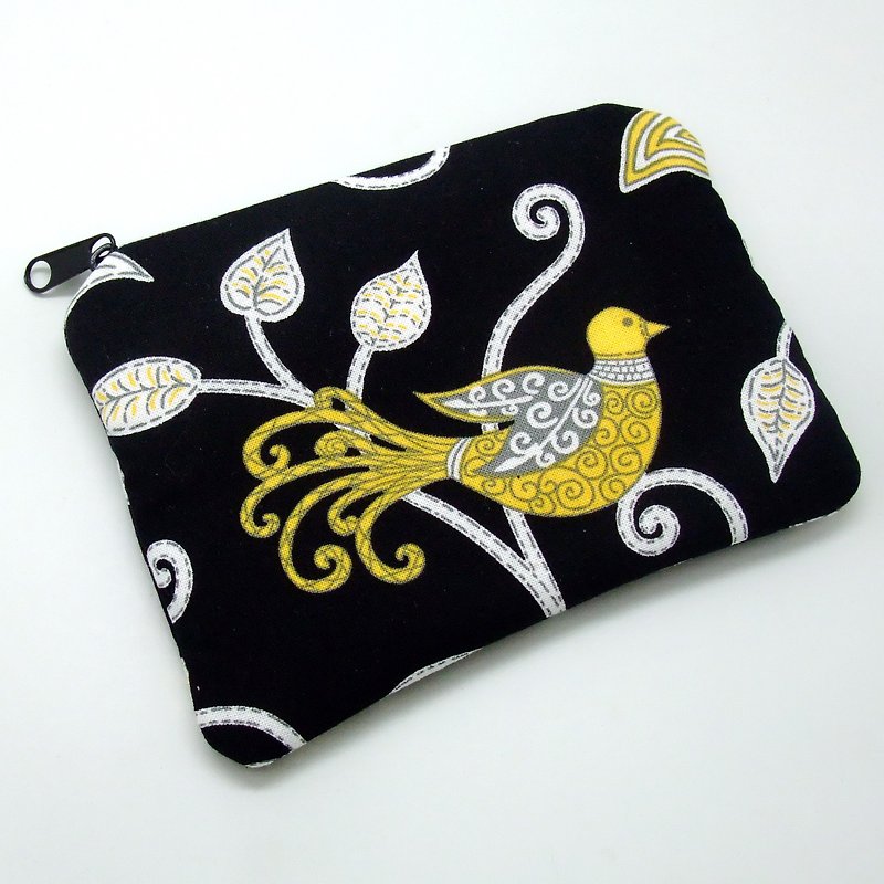 拉鍊零錢包/卡片包/鑰匙包/耳機包/小物包 - 美麗的鳥兒 (ZS-144) - 零錢包/小錢包 - 棉．麻 黑色