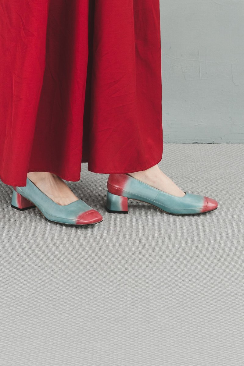 HTHREE 4.6 square head stitching heel / pink sand / gradient / Two Tone Pumps - รองเท้าส้นสูง - หนังแท้ 