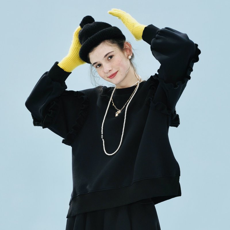 黑色花袖上衣 / 空氣棉 加厚 - 女上衣/長袖上衣 - 棉．麻 黑色