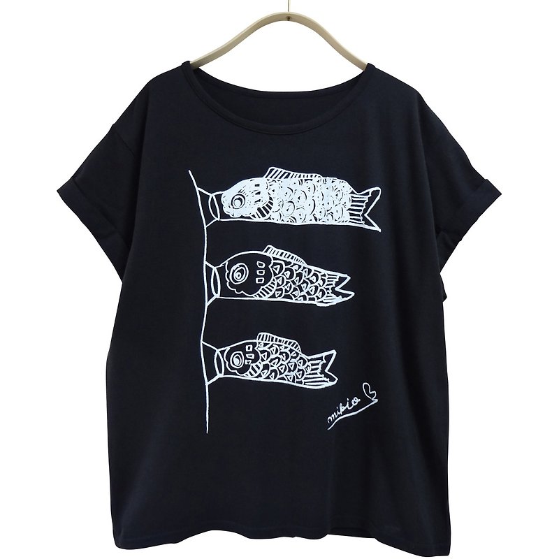 棉．麻 T 恤 黑色 - Koinobori Easy-fit Women's T-shirt Monocolor 鲤鱼 Koifish