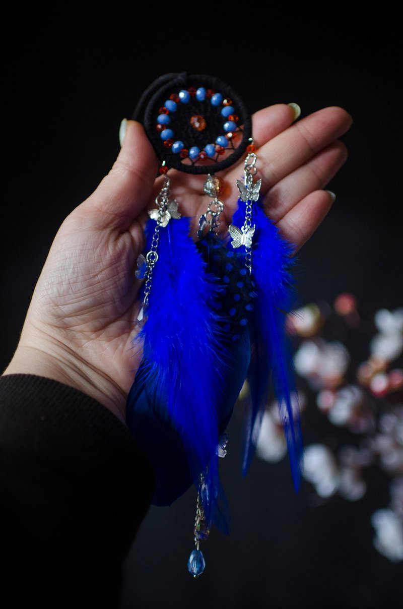 Handmade Royal Blue Dream Catcher Butterfly Car Charm - Small Blue Dreamcatcher - ตกแต่งผนัง - แก้ว สีน้ำเงิน