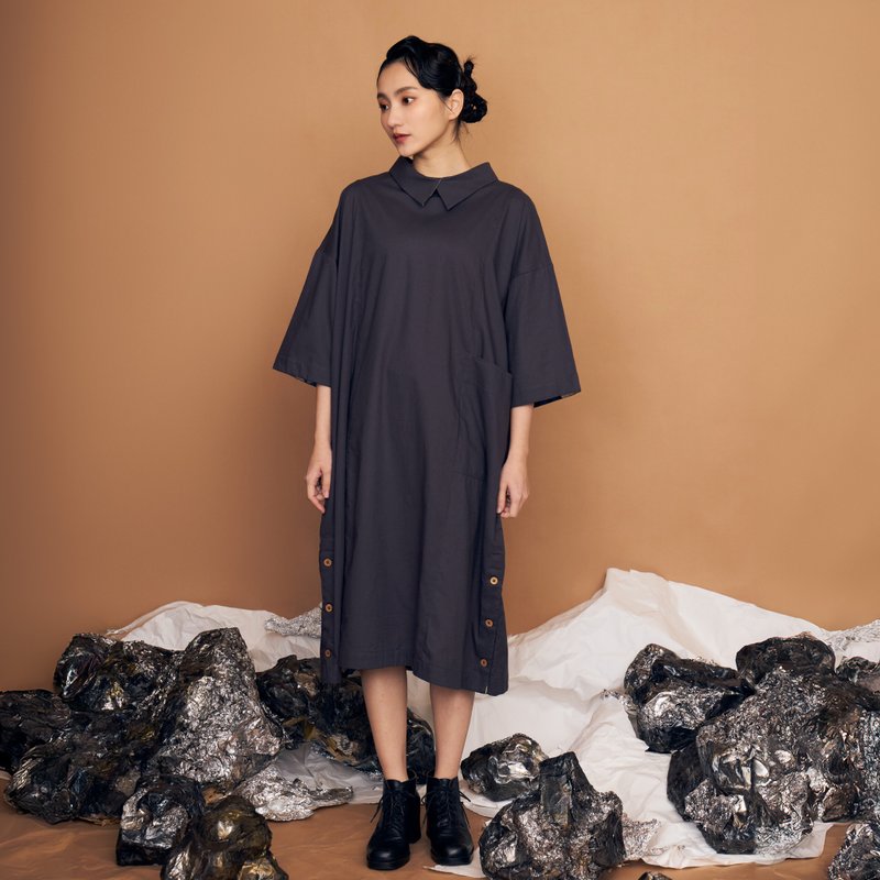 The Breath of Universe Cross-Over Collar Dress_Dark Cyan - One Piece Dresses - Cotton & Hemp Blue