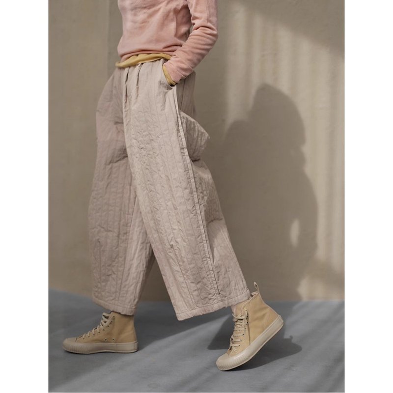 白茶色復古休閒保暖夾棉闊腿直筒棉褲 - 女長褲 - 棉．麻 