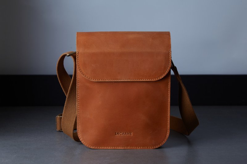 Cognac leather shoulder bag - Compact everyday messenger - Messenger Bags & Sling Bags - Genuine Leather Orange