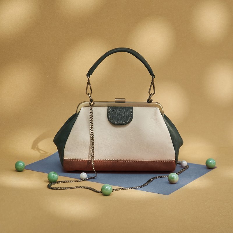 Color Block Clasp Handbag in Handmade Genuine Leather