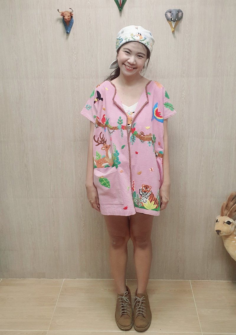 可愛的手繡開衫——棉、虎、鹿、金剛鸚鵡、鳥、花、叢林 - 女上衣/長袖上衣 - 繡線 粉紅色