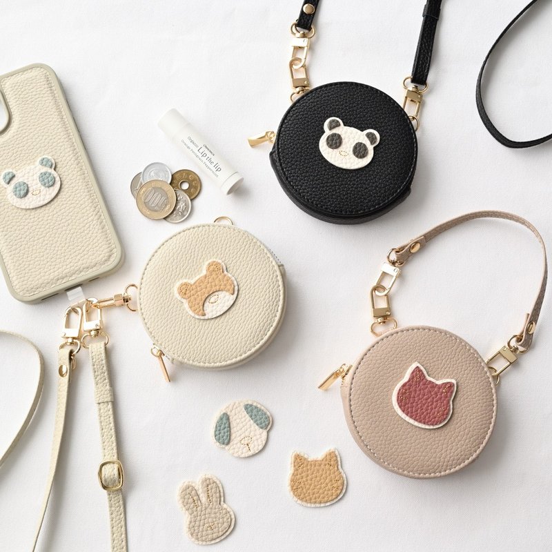 Round pouch [simple animal stitch patch] coin purse, accessory case, coin case, mini wallet, leather, slim, dog, cat, rabbit A274I - กระเป๋าเครื่องสำอาง - หนังเทียม สีนำ้ตาล