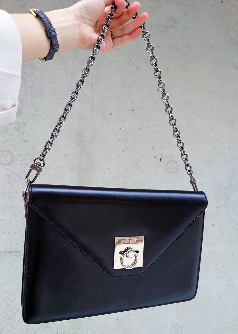 中古美品 CELINE 黑銀環扣鏈條包斜揹包斜挎包手拿包側背包單肩包 - 側背包/斜背包 - 真皮 黑色