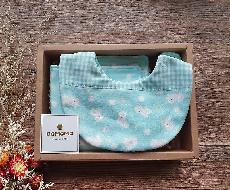 Marshmallow puppy mint blue bib towel handkerchief Miyue gift box set - Baby Gift Sets - Cotton & Hemp Blue