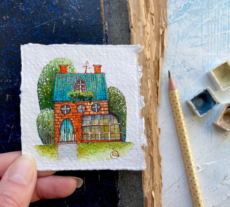 Cottage painting Tiny Original watercolor Mini art Small wall art by Rubinova - 海報/掛畫/掛布 - 紙 多色