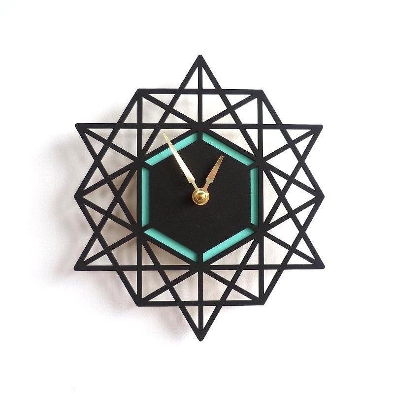Geometric Wall Clock Black & Aqua - Clocks - Wood Blue