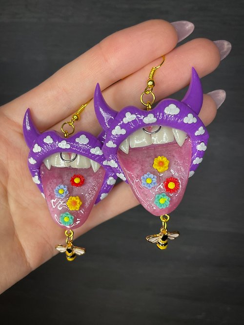 Polymer Diary Earrings. Purple lips with clouds.