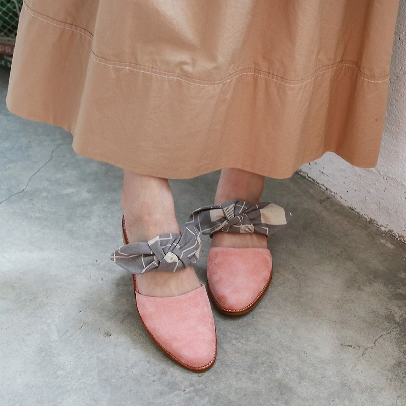 Different Material Bowknot Muller Shoes/Light Pink/Customized by Hand/S2-18609L - Slippers - Genuine Leather Pink
