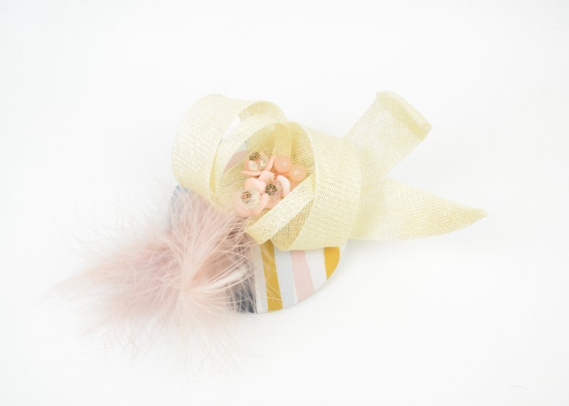 Fascinator Headpiece with Jewelled Flowers, Ivory Sinamay and Pale Pink Feathers - Hair Accessories - Other Materials Pink