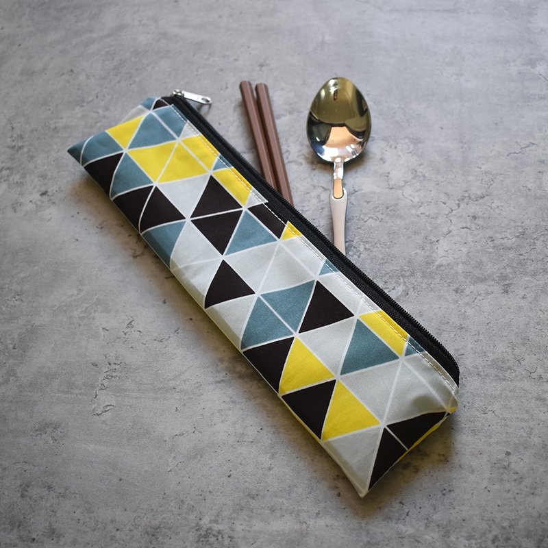 Out-and-out tableware set (chopstick bag + chopsticks + spoon)_triangular grid yellow - Cutlery & Flatware - Nylon Yellow