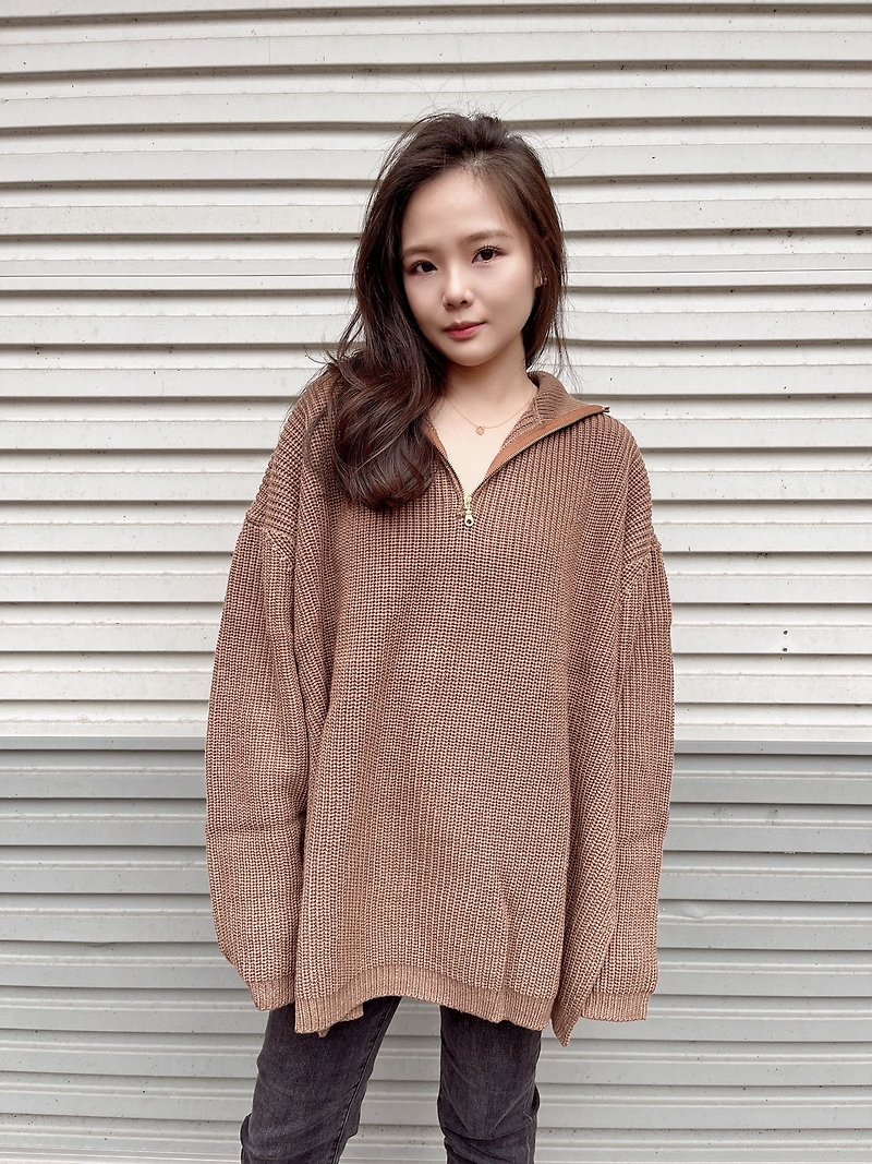 Venus Lapel Metal Zipper (Coffee)-Made in Taiwan-Knitted Sweater-Sweater - Women's Sweaters - Polyester Brown