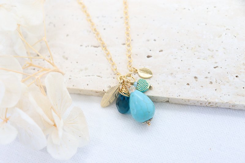 Natural Water Droplet Turquoise Stone Necklace, Gorgeous Feather Charm Necklace - Necklaces - Stone Blue