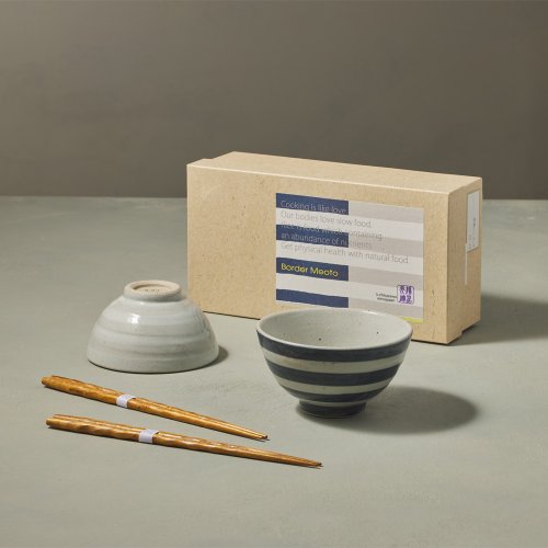 有種創意 日本食器 日本美濃燒 - 線條夫妻碗禮盒組 - 附筷(4件式)