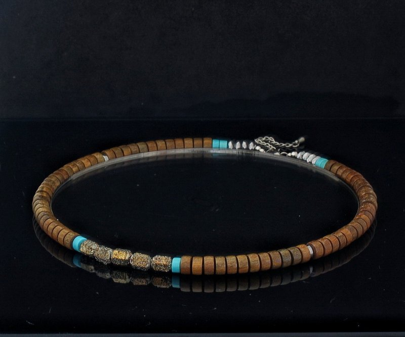 7mmグリーンサンダルウッドビーズ＋石、ターコイズショートネックレス（HKA3013） - ネックレス - 宝石 