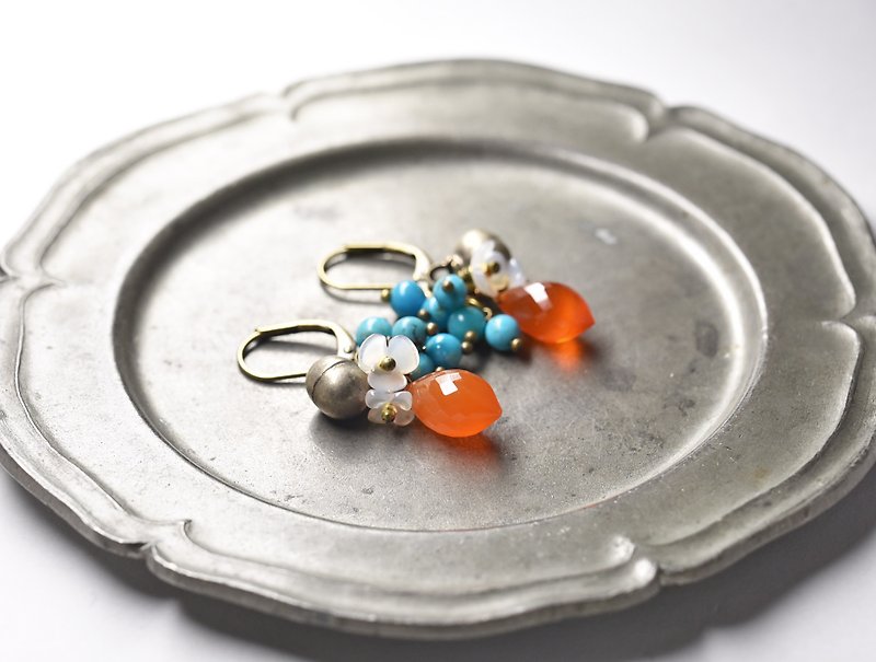 Carnelian and fluffy sky blue turquoise, white butterfly florets, folk bell earrings - Earrings & Clip-ons - Gemstone Orange