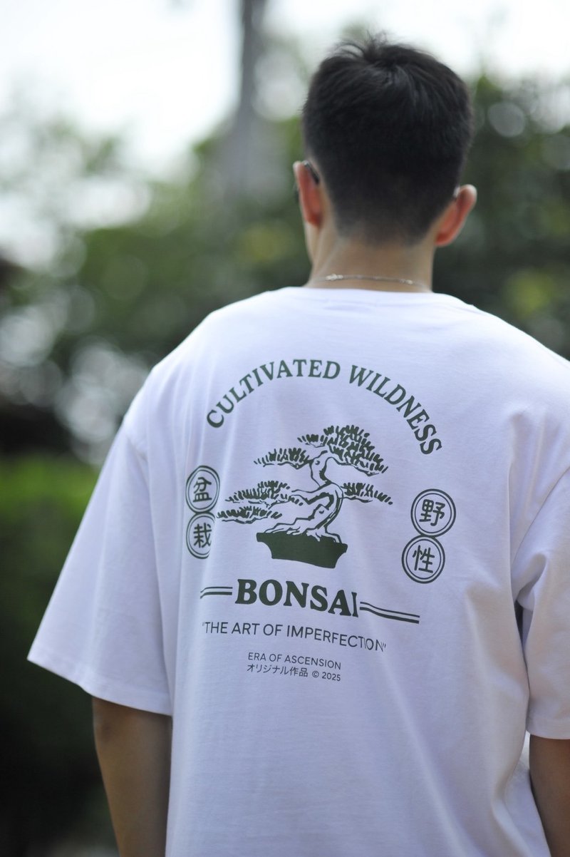 Bonsai-G01 原創插畫落肩T - 女 T 恤 - 棉．麻 白色