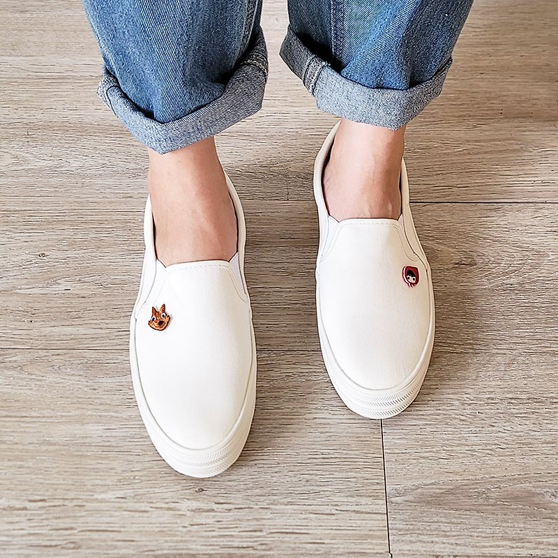 Thick-soled loafers, white shoes, Little Red Riding Hood and the Big Bad Wolf - White - Women's Casual Shoes - Cotton & Hemp White