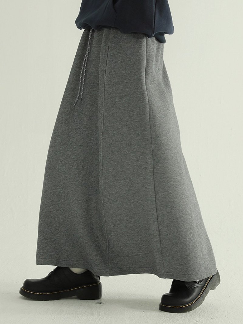 Gray/ Brown drawstring sweater skirt simple elastic waist autumn and winter skirt home leisure midi skirt - Skirts - Cotton & Hemp Gray