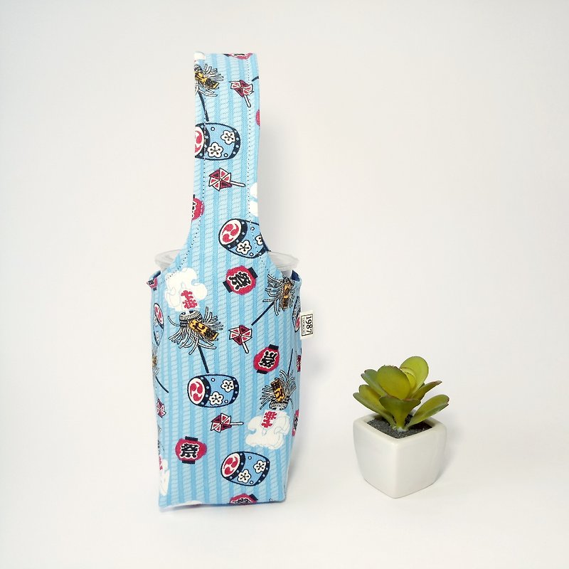 棉．麻 杯袋/飲料提袋 藍色 - 【日式慶典】雙面飲料杯套 冰霸杯套 環保杯套 水壺袋