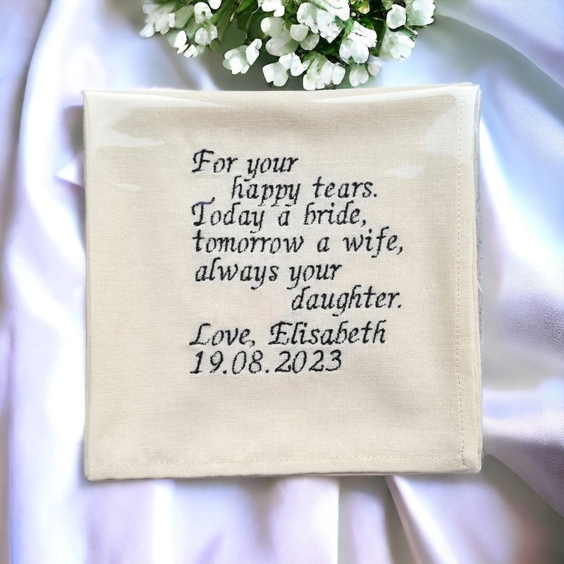 Handkerchief linen custom poem embroidered, Personalized Wedding hankie gift Dad - ผ้าเช็ดหน้า - ลินิน ขาว