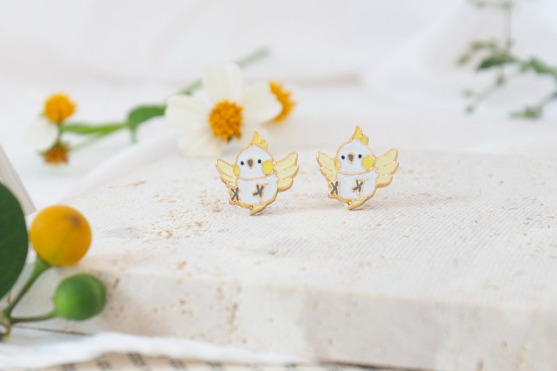 巴丹鸚鵡 Cockatoos 鳥 夾式耳環 低敏鋼針 生日禮物 紙盒包裝 - 耳環/耳夾/耳骨夾 - 琺瑯 白色