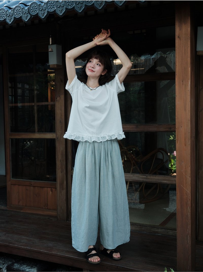 兩色色織亞麻條紋氣球褲 - 女長褲 - 棉．麻 多色