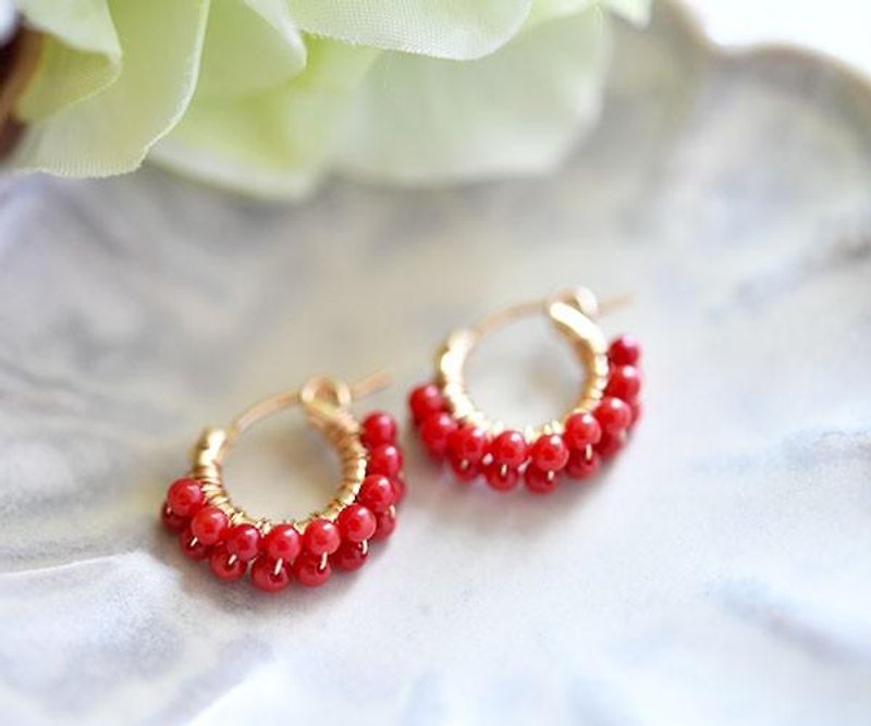 Double hoop earrings with red coral coral that raises luck and attracts prosperity March birthstone - ต่างหู - เครื่องเพชรพลอย สีแดง
