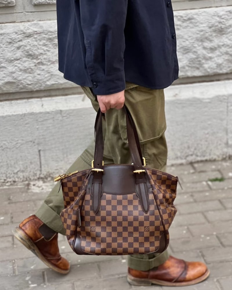 Louis Vuitton French-Made Damier Verona MM Checkered Dumpling Shoulder & Handbag - กระเป๋าถือ - หนังแท้ สีนำ้ตาล
